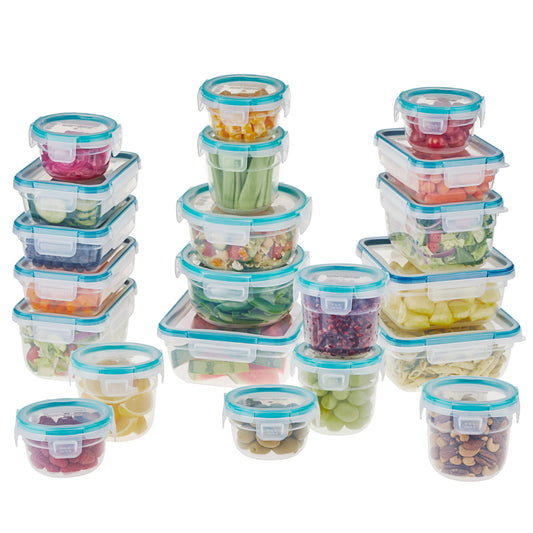 Set of clear food storage containers with blue lids filled with various foods on a white background