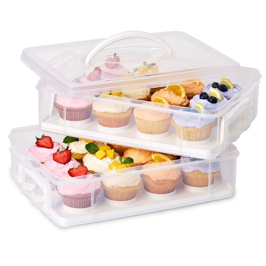 Clear plastic container with multiple compartments filled with small cupcakes on a white background