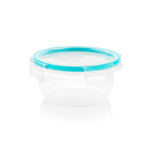 Clear plastic container with a blue lid on a white background