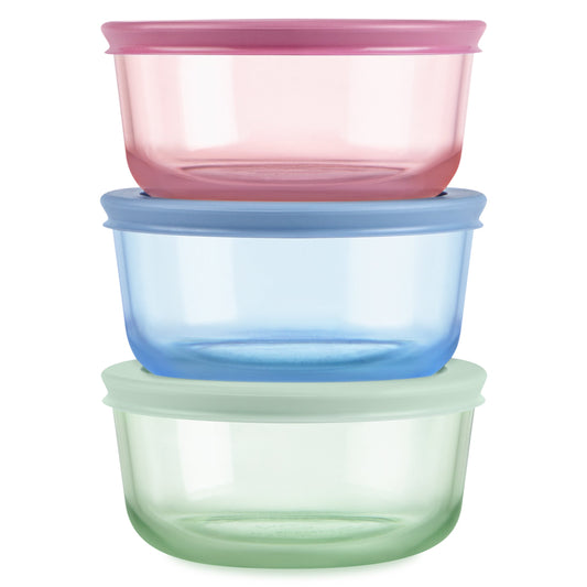 Three colorful food storage containers stacked on a white background