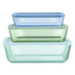 Set of three rectangular glass food containers with lids in blue, green, and clear on a white background.