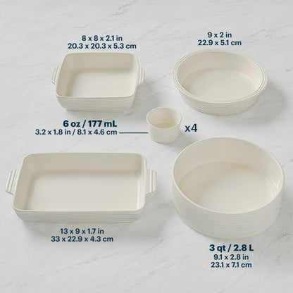 Set of ceramic dishes with measurements on a white background