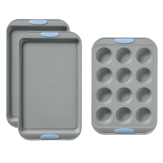Set of gray baking trays with blue silicone grips on a white background