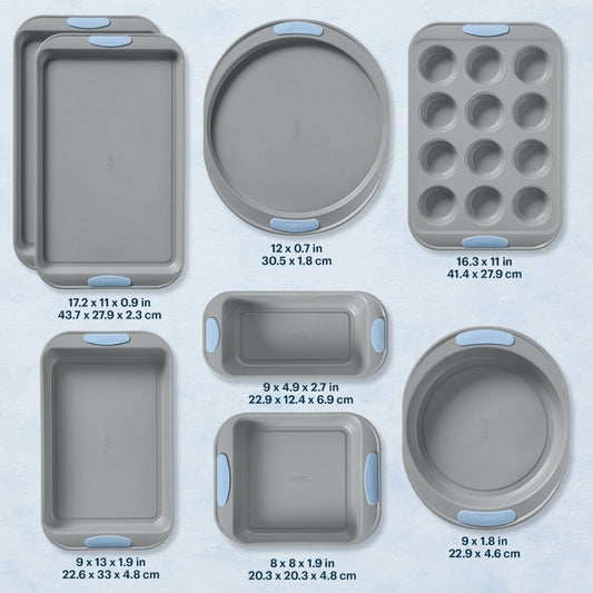 Set of gray baking pans with measurements on a light blue background