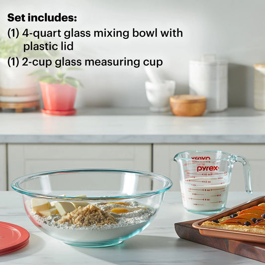 photo of prep set on the table with text one of each included 4-qt glass mixing bowl with lid &amp; 2-cup glass measuring cup