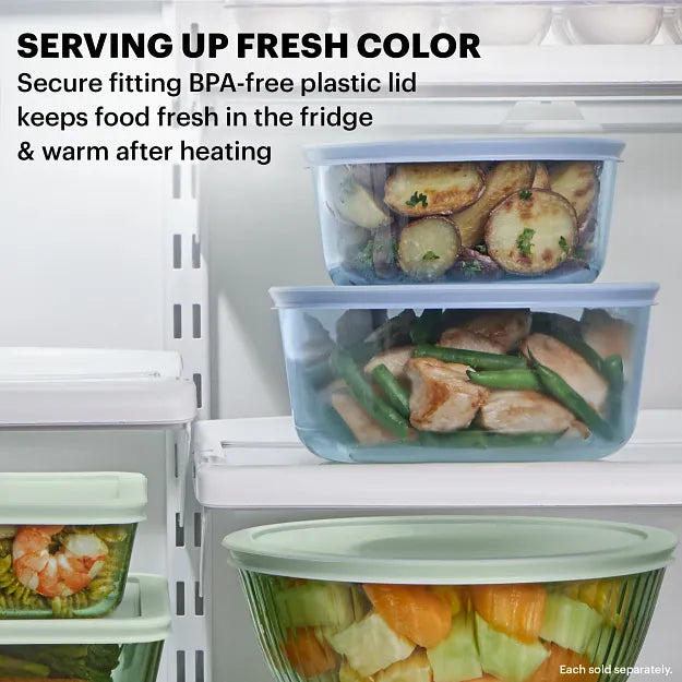 Simply Store® Tinted 7-cup Round Storage with Blue Plastic Lid with text Serving Up Fresh Color