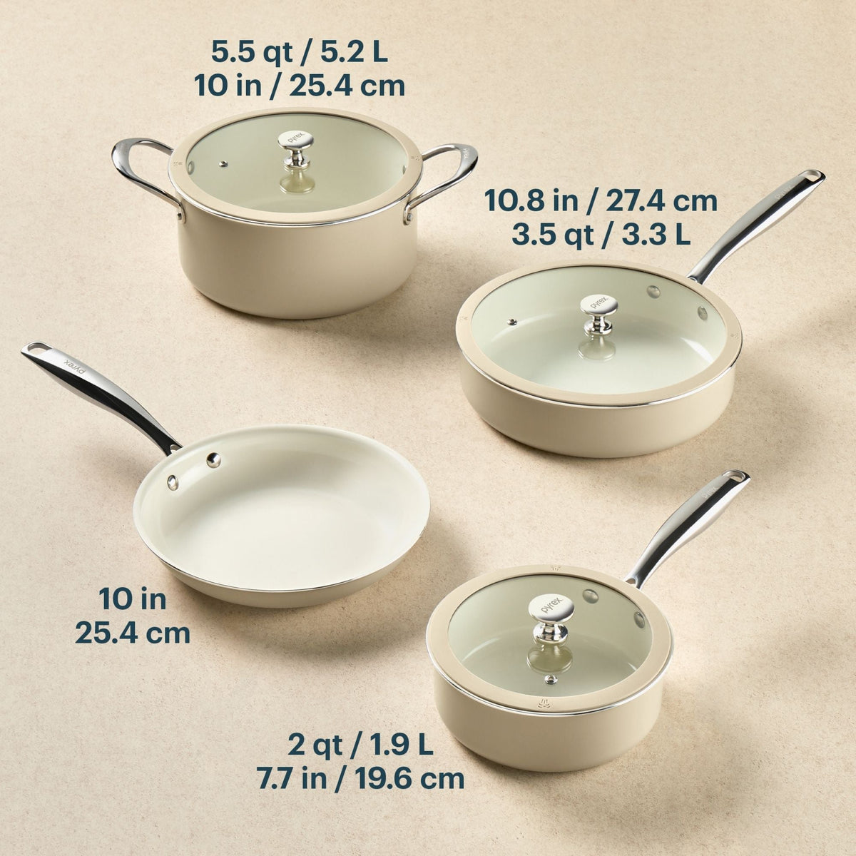 Set of ceramic cookware with measurements on a beige background