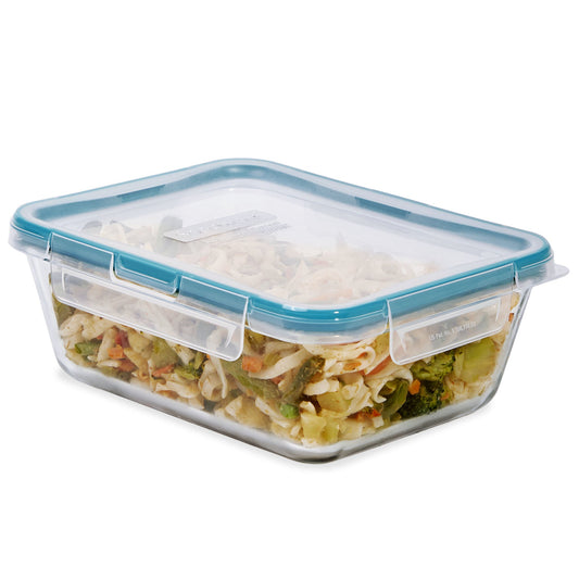 Rectangular food storage container with a blue lid on a white background