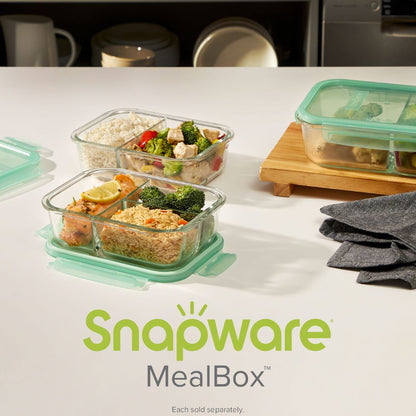 Snapware MealBox containers with food on a kitchen counter, featuring the Snapware logo.