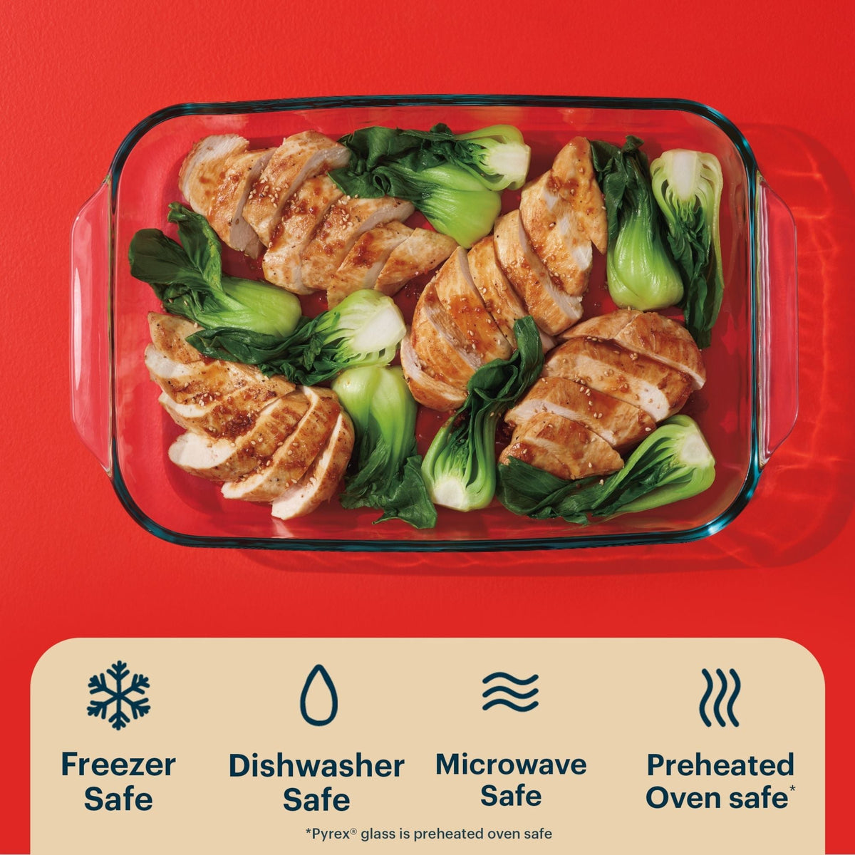 Glass dish with sliced chicken and greens on a red background, featuring safety icons and text.